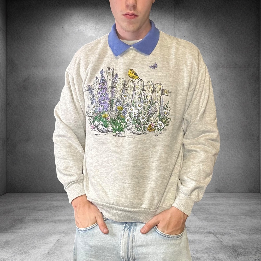 Vintage 90s Morning Sun Floral Bird Sweatshirt Double Collar Grey Heather L